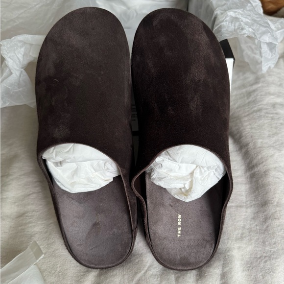 The Row Shoes - The Row Hudson Slide Dark Brown Suede